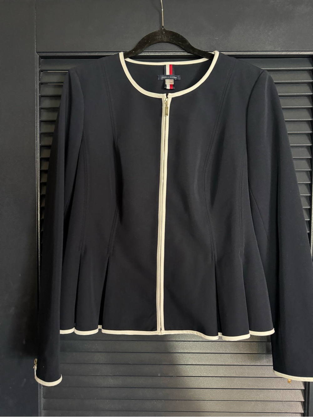 Tommy Hilfiger Zip Front Blazer Jacket Size 14 Navy White Trim Career Work